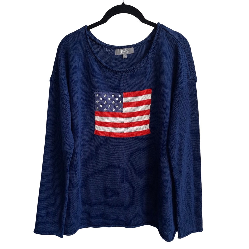 Marled Reunited‎ Clothing Navy Blue American Flag Knit Sweater Womens Large